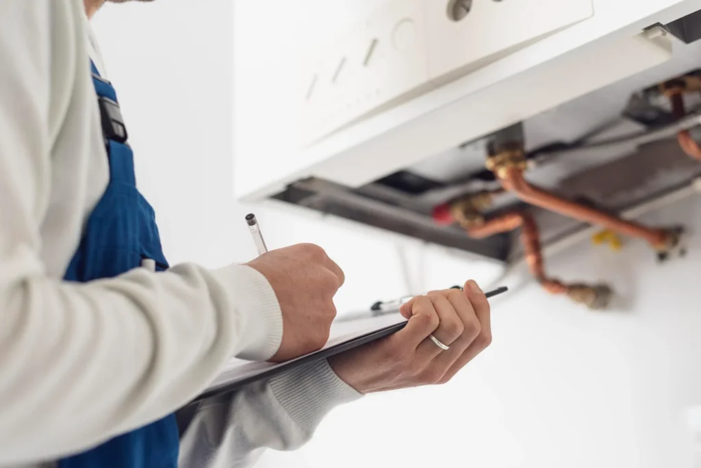 Heating engineer inspecting boiler and writing notes on clipboard